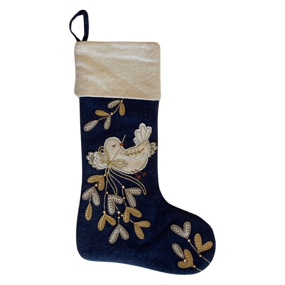 Nicole Miller Christmas Stocking-Bird & Leaf w/ Beads Navy Gold Silver NWOT